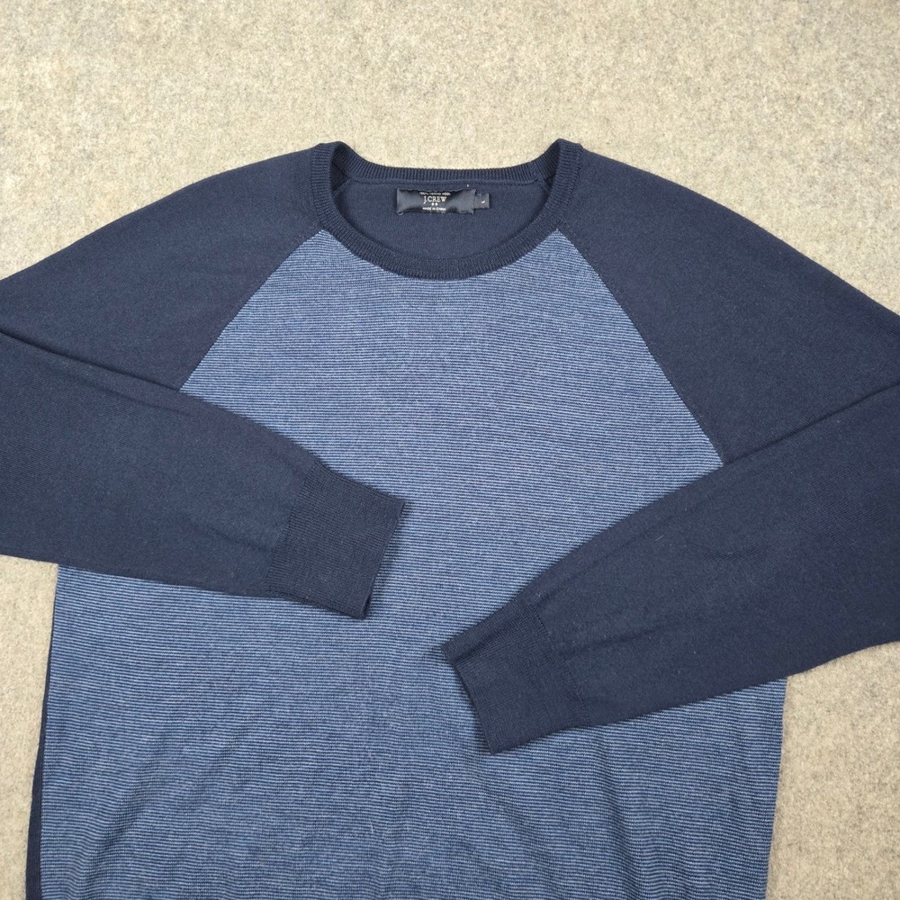 J.Crew Sweater Mens Large Navy Blue Merino Wool Striped Raglan Crewneck